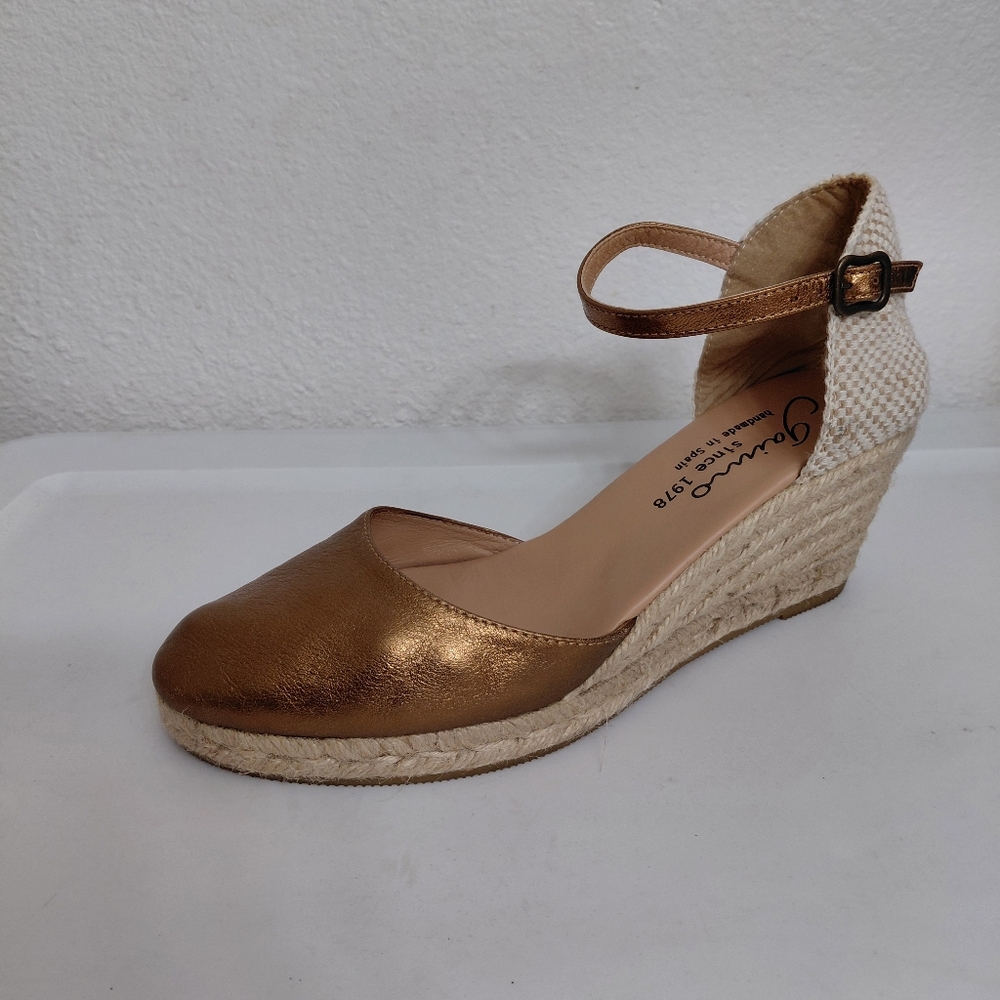 Gaimo Womens Gold Leather/Canvas Espadrilles Wedges Boho Sandals 